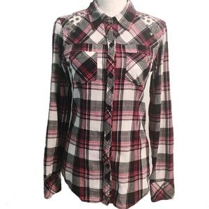 FOX BLK Red & White Flannel Shirt w/ Metal Studs M